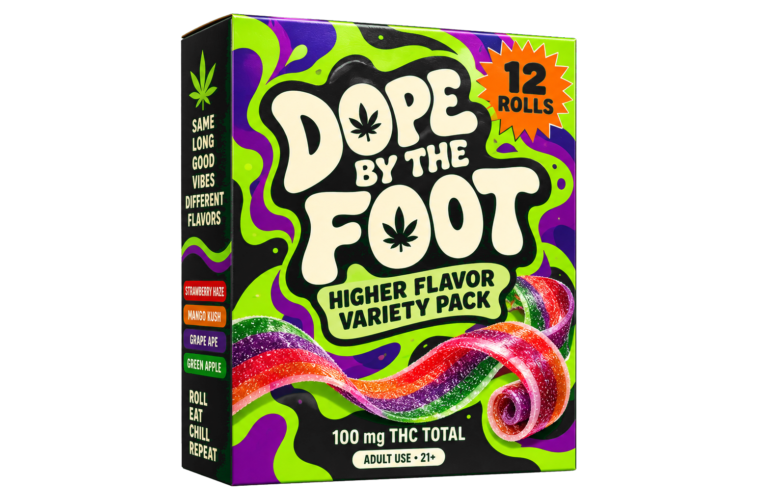 DOPE BY THE FOOT Higher Flavor Variety Pack box with colorful gummy tapes